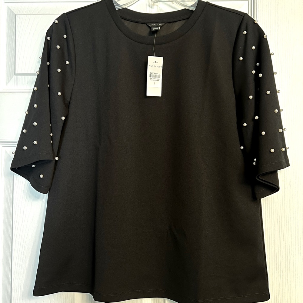 Ann Taylor Pearl Sleeve Black Blouse